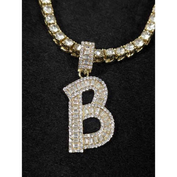 Gold Tone Rhinestone Baguette Tennis Necklace Initial Letter B Pendant BLING - Picture 2 of 14